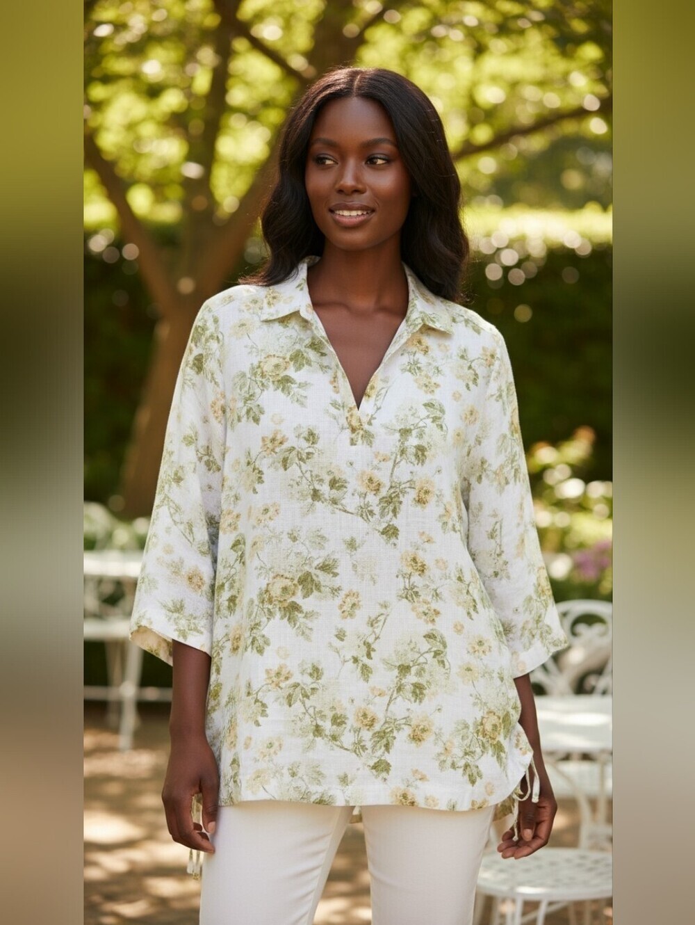 Laura Ashley 100% Linen Floral Tunic Top Green Yellow Botanical 1X